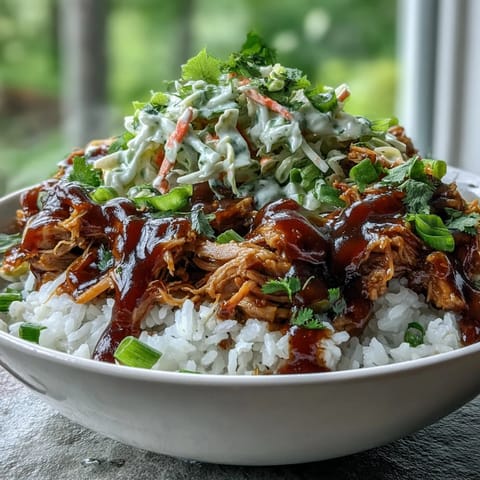 Tender pulled pork piled over white rice, topped with crisp coleslaw and fresh cilantro garnish.
