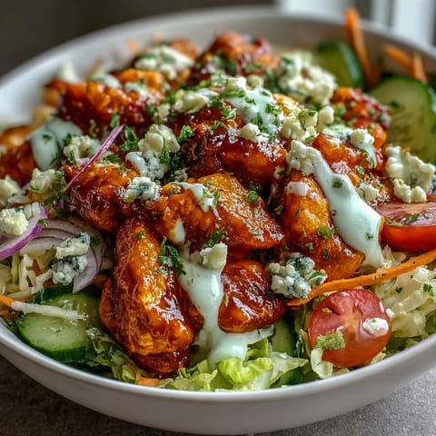 Freshly cooked buffalo chicken sits atop a colorful bed of crisp romaine lettuce, carrots, and cherry tomatoes in this hearty bowl.