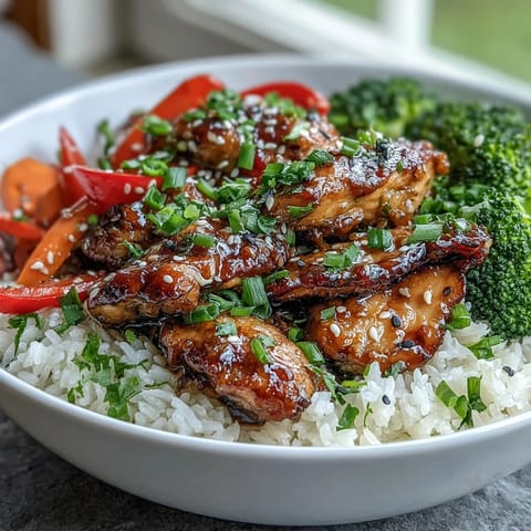 Steamed broccoli and bright carrot slices sit beside glazed Honey Garlic Chicken in a white bowl over fluffy rice.