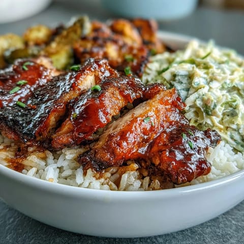 Juicy BBQ-glazed chicken sliced over fluffy rice, with crisp coleslaw and colorful roasted veggies in a bowl.