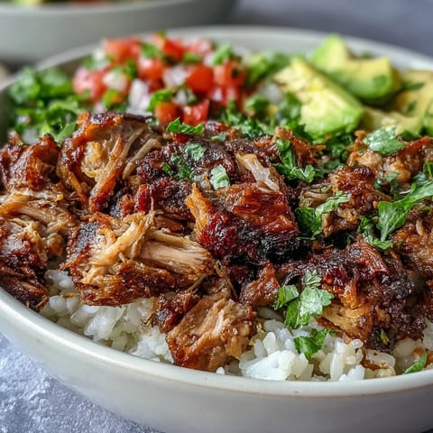 Shredded, crispy carnitas topped with creamy avocado and fresh pico de gallo in this vibrant bowl.