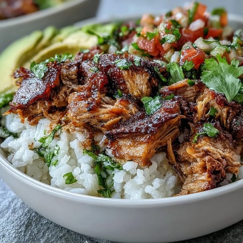 Hearty carnitas bowl with fluffy rice, seasoned pinto beans, and a squeeze of lime for flavor.