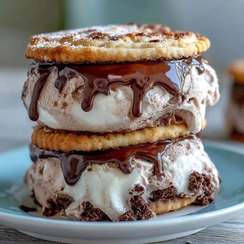 Vanilla Bean Frappuccino Ice Cream Sandwiches on a rustic wooden board, with creamy vanilla ice cream between rich espresso cookies, sprinkled with chocolate shavings.
