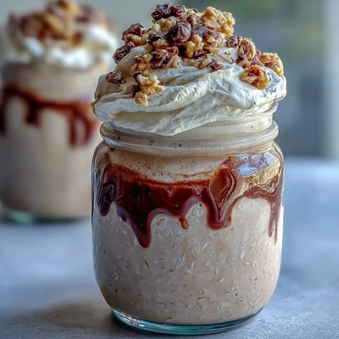 Creamy Vanilla Bean Frappuccino Overnight Oats with espresso drizzle and whipped cream.