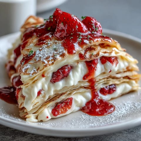 A stunning layered strawberry crepe cake with vanilla cream and fresh berries, perfect for a Mother's Day brunch centerpiece.  