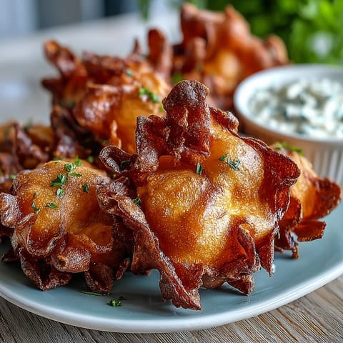 Crispy dandelion fritters with golden batter, served with a vibrant herb dipping sauce for a delightful appetizer.  