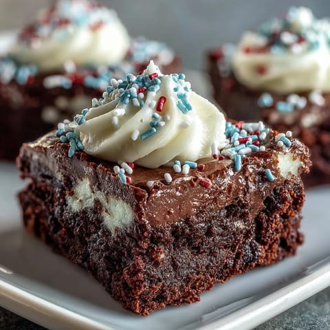 Fourth of July Firecracker Brownie Bites with creamy frosting and red, white, and blue sprinkles on a festive platter.