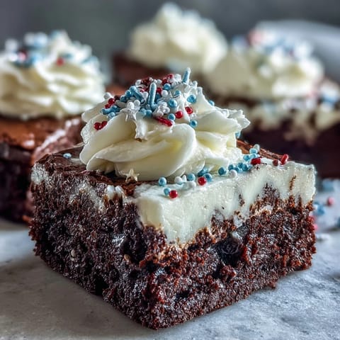 Rich chocolate brownie bites topped with smooth vanilla frosting and patriotic sprinkles for a sweet Independence Day treat.
