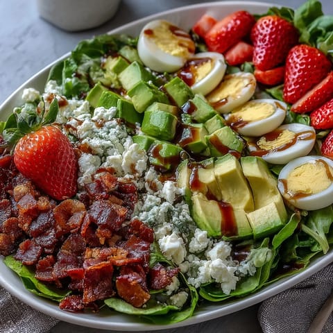 Fresh Spring Cobb Salad with Strawberries and Avocado, featuring juicy berries, creamy avocado, crisp veggies, and tangy feta for a vibrant meal.
