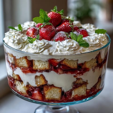 Layered Mothers Day strawberry shortcake trifle with fresh berries and whipped cream in a glass bowl.