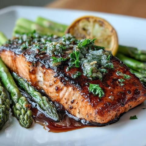 Garlic Butter Salmon with Asparagus sizzling in a skillet, glazed in rich garlic butter sauce, served with vibrant green asparagus spears.
