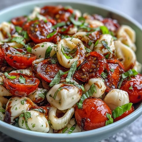 Fresh Caprese-style pasta salad with juicy tomatoes, creamy mozzarella, and fragrant basil, perfect for summer meals or picnics.