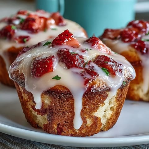 Fluffy strawberry lemon muffins with fresh berries and lemon zest, topped with a sweet-tart lemon glaze for a bright spring treat.