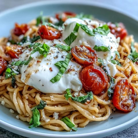 Caprese Pasta with Burrata featuring ripe tomatoes, fresh basil, and creamy burrata on a rustic plate.