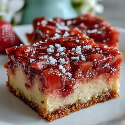 Rhubarb Custard Bars with Shortbread Crust, golden baked and perfectly sliced.