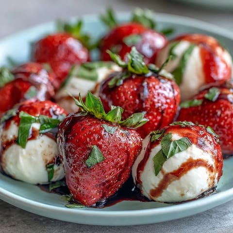 Creamy mozzarella, strawberries, and basil drizzled with balsamic glaze.