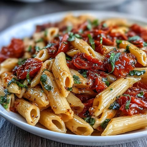 One-Pot Creamy Tomato Basil Pasta dish with vibrant basil, ready in minutes.