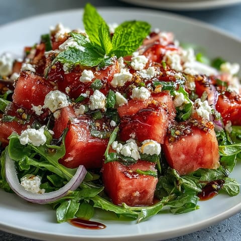 Vibrant watermelon feta arugula salad with glossy balsamic reduction, perfect for summer.