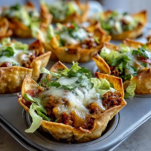 Golden crispy wonton cups brimming with seasoned taco filling and melted cheese.