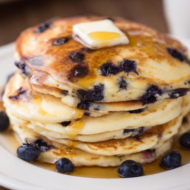 Homemade blueberry pancakes with juicy berries, served warm with a drizzle of sweet maple syrup.