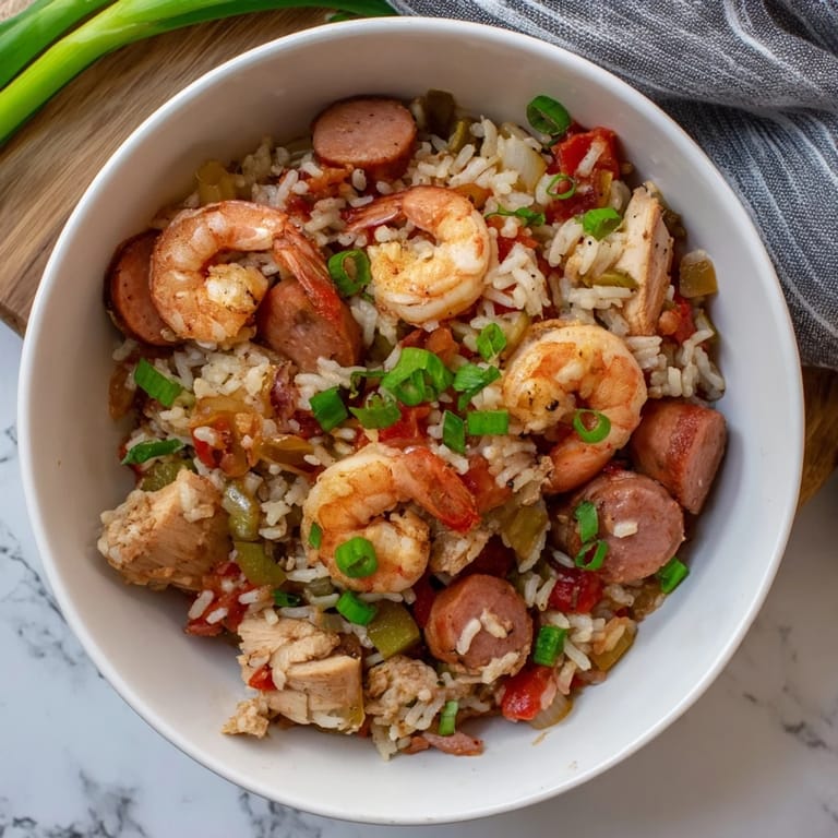 Plated Jambalaya showcases a colorful mix of rice, bell peppers, and celery, served with a side of hot sauce.