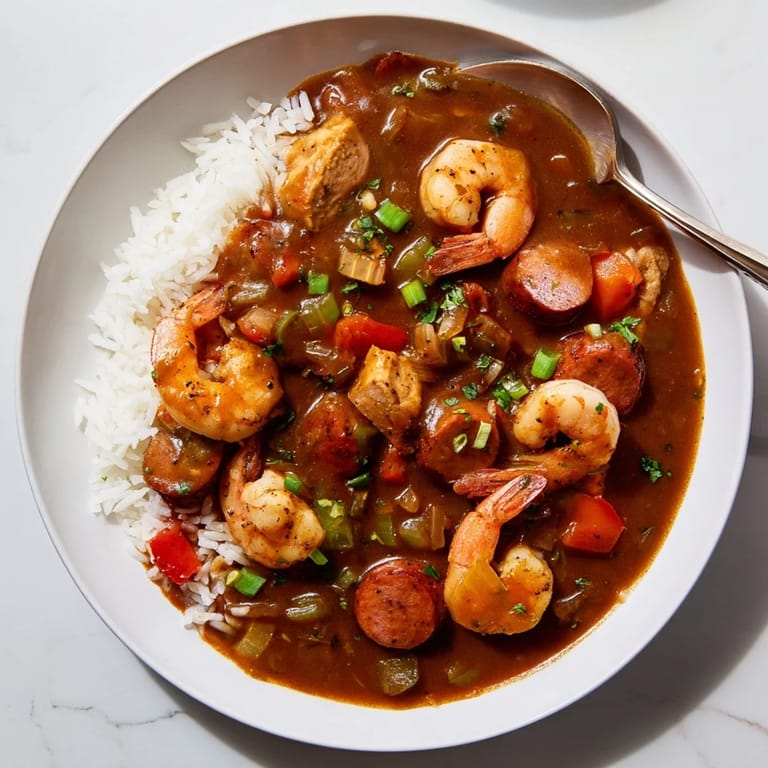 Hearty seafood and sausage Gumbo simmering in a Dutch pot, served with rice and hot sauce on the side.