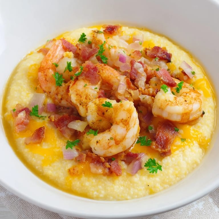 Fork ready to dive into a rich Southern bowl of Shrimp and Grits featuring succulent shrimp and a savory sauce.