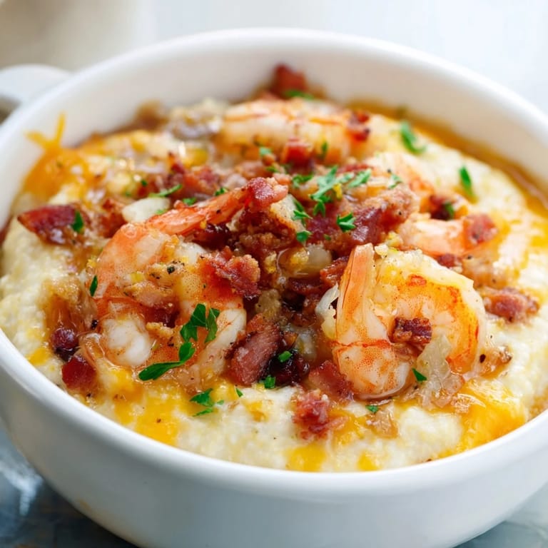 Freshly prepared Shrimp and Grits dish with tender shrimp and peppers served over cheesy, creamy corn grits.