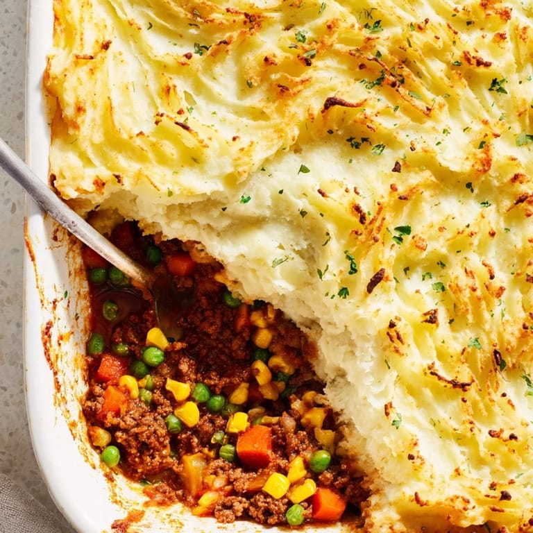 Close-up of homemade Shepherd's Pie, highlighting the cheesy, baked potato topping and bubbly, rich meat and vegetable filling underneath.