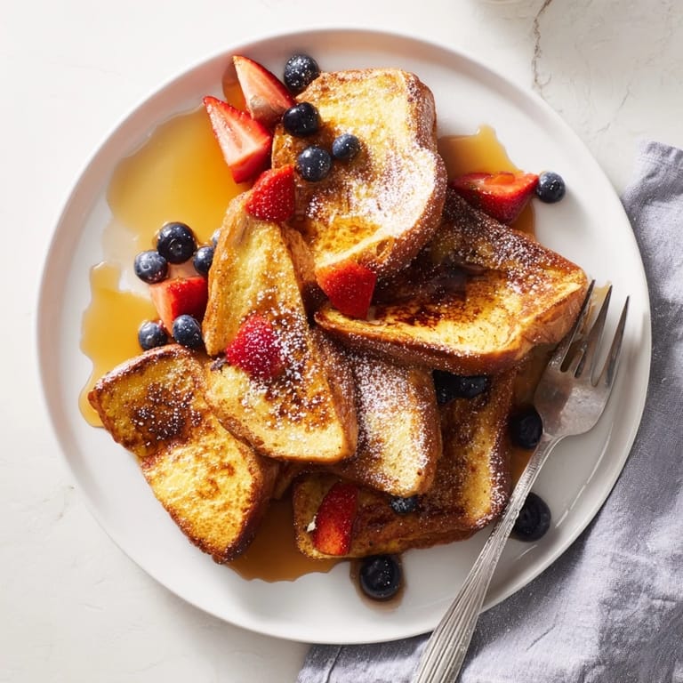 Plate of French toast dusted with powdered sugar, topped with strawberries and blueberries, drizzled with warm maple syrup.