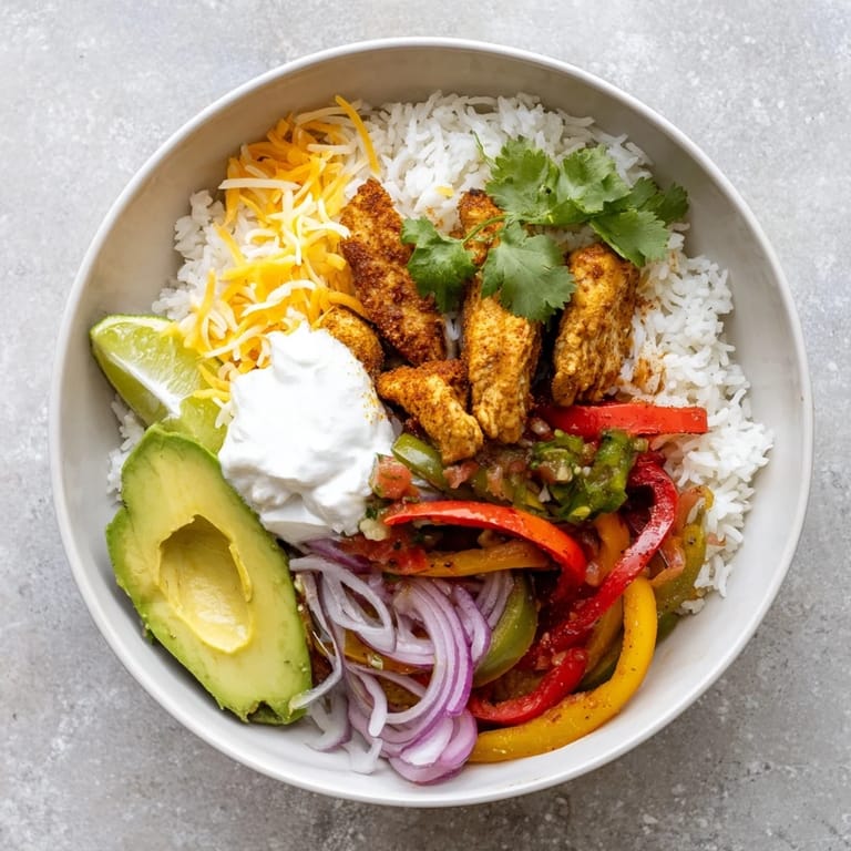 A close-up of a flavorful Chicken Fajita Bowl featuring tender chicken strips, sautéed onions, and melted cheese garnish.
