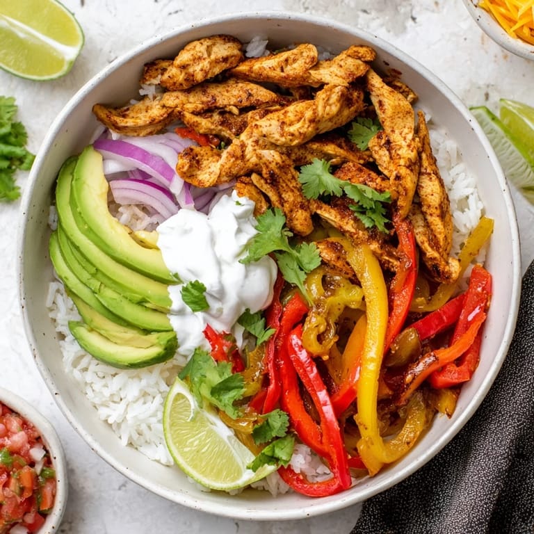 Easy homemade Chicken Fajita Bowl with juicy chicken, vibrant bell peppers, onions, and fresh cilantro garnish ready to serve.