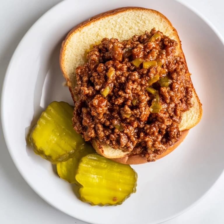 Classic homemade Sloppy Joes simmered in rich tomato sauce, paired with dill pickles on the side.