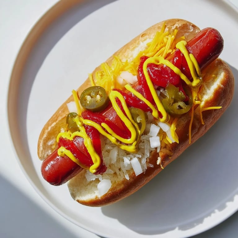 Savory hot dogs topped with mustard, ketchup, relish, and onions, served on a plate with optional jalapeños for extra spice.