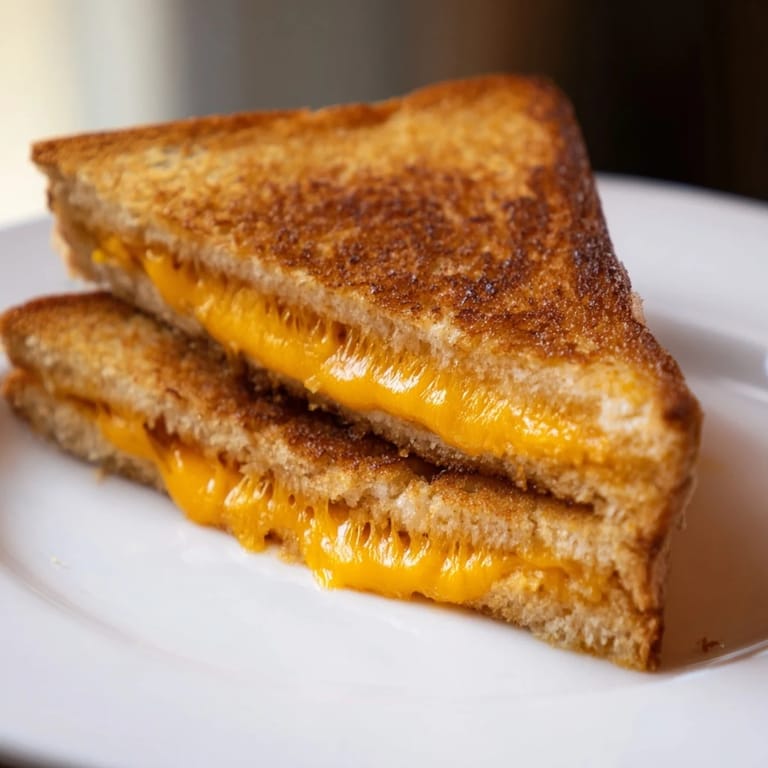 A close-up of a buttery Grilled Cheese Sandwich, featuring bubbly, golden crust and thick slices of sharp cheddar oozing from the warm, toasted bread.