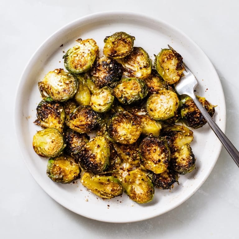 A delicious bowl of Roasted Brussels Sprouts, perfectly charred and ready to accompany a roasted chicken dinner.