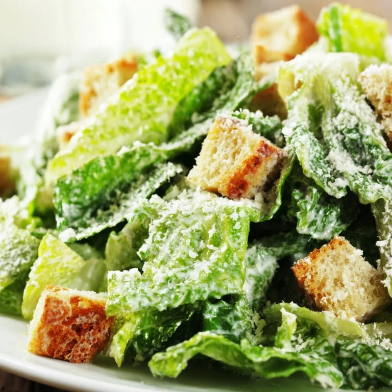 Homemade Caesar salad topped with golden croutons and fresh Parmesan, drizzled with a rich, tangy anchovy dressing.