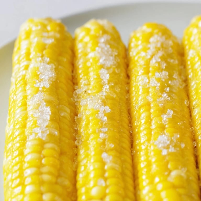 Golden grilled corn on the cob with slight char marks, brushed with butter and sprinkled with salt on a rustic platter.