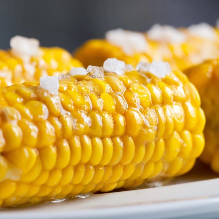 Sweet summer corn on the cob with bright yellow kernels, served hot with a side of melted butter for dipping.