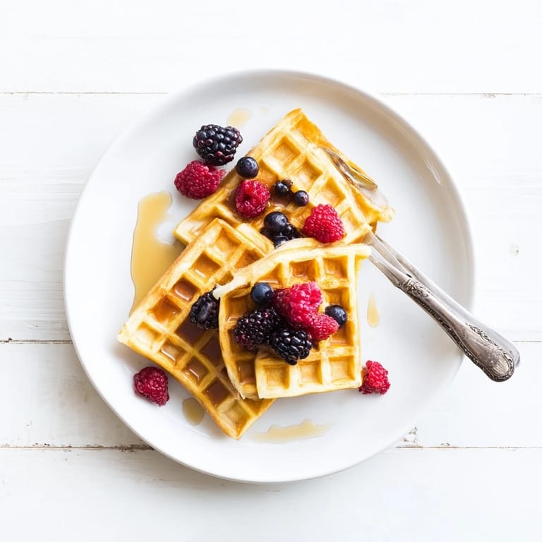 Crispy waffles with fluffy interiors, garnished with fresh blueberries and a dusting of powdered sugar.