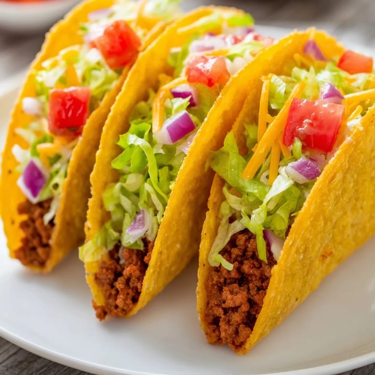 Close-up of crunchy American-Style Tacos loaded with savory beef, melted cheese, and vibrant pico de gallo.