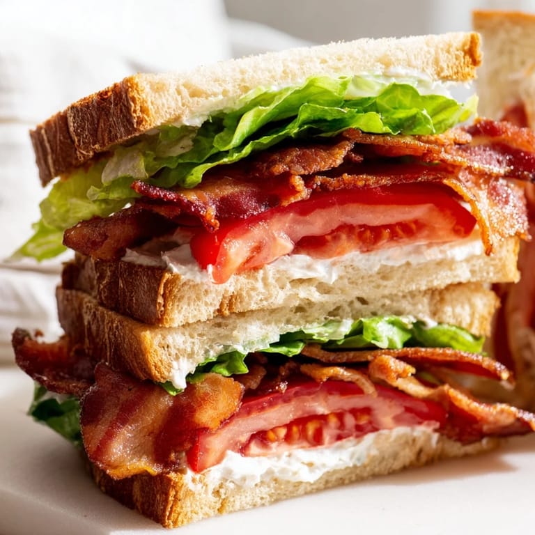 A perfectly stacked BLT Sandwich cut in half on a rustic wooden board.