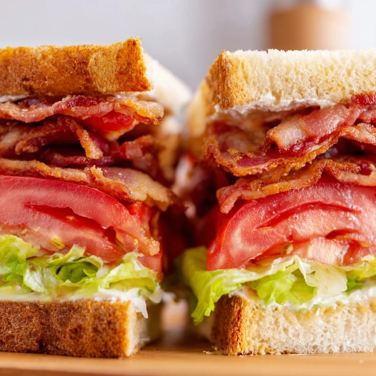 Crispy bacon peeking from between toasted bread slices of a classic BLT Sandwich.