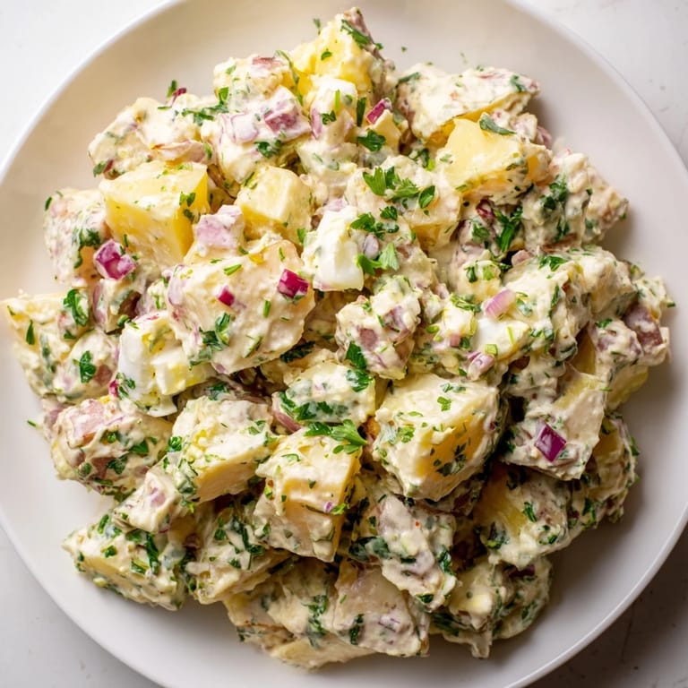 A bowl of homemade potato salad garnished with chopped eggs and red onion, ready for a summer barbecue or picnic.