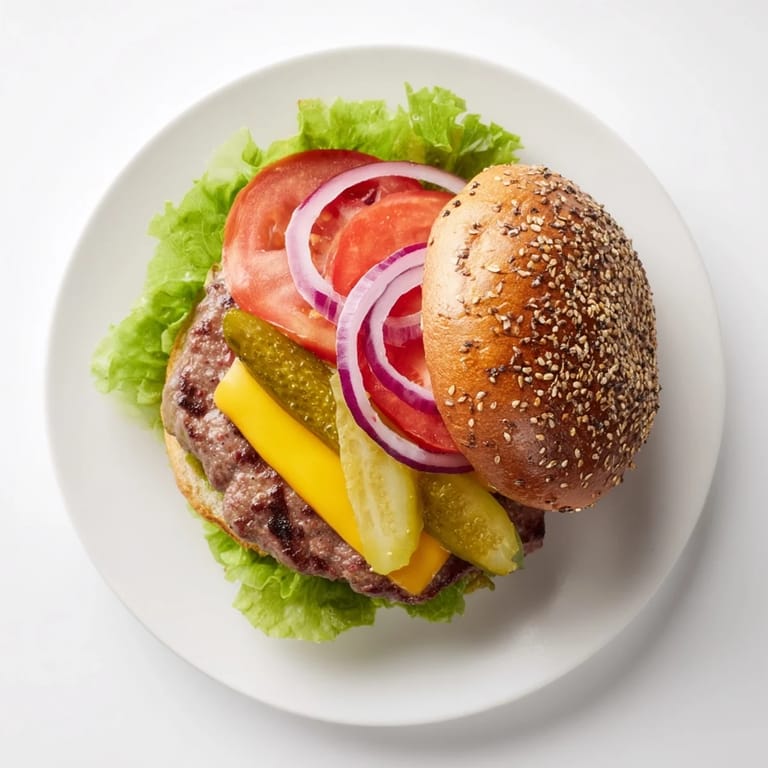 Freshly assembled Hamburgers on a wooden board, topped with crisp lettuce, tomato, and pickles, ready to eat.
