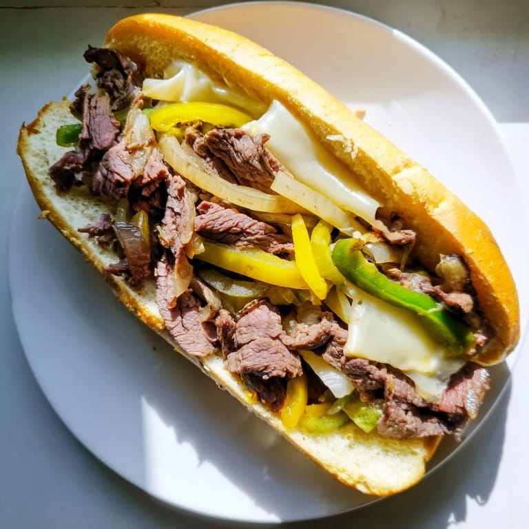 This hearty Philly Cheesesteak is ready to serve with chips and pickles for a satisfying meal.