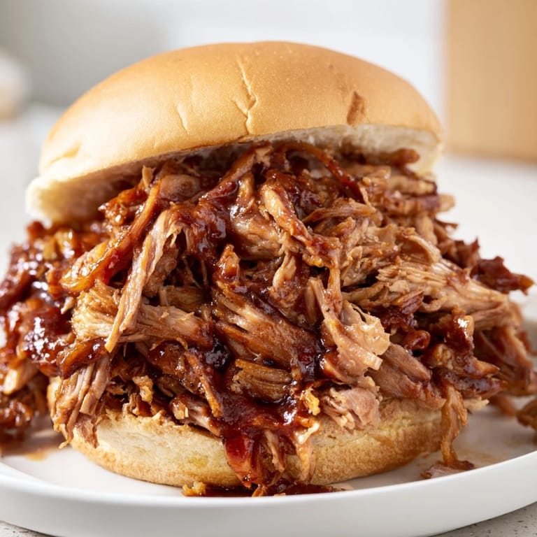 Close-up of a messy, delicious pulled pork sandwich on a soft bun, garnished with dill pickle slices for a classic American meal.