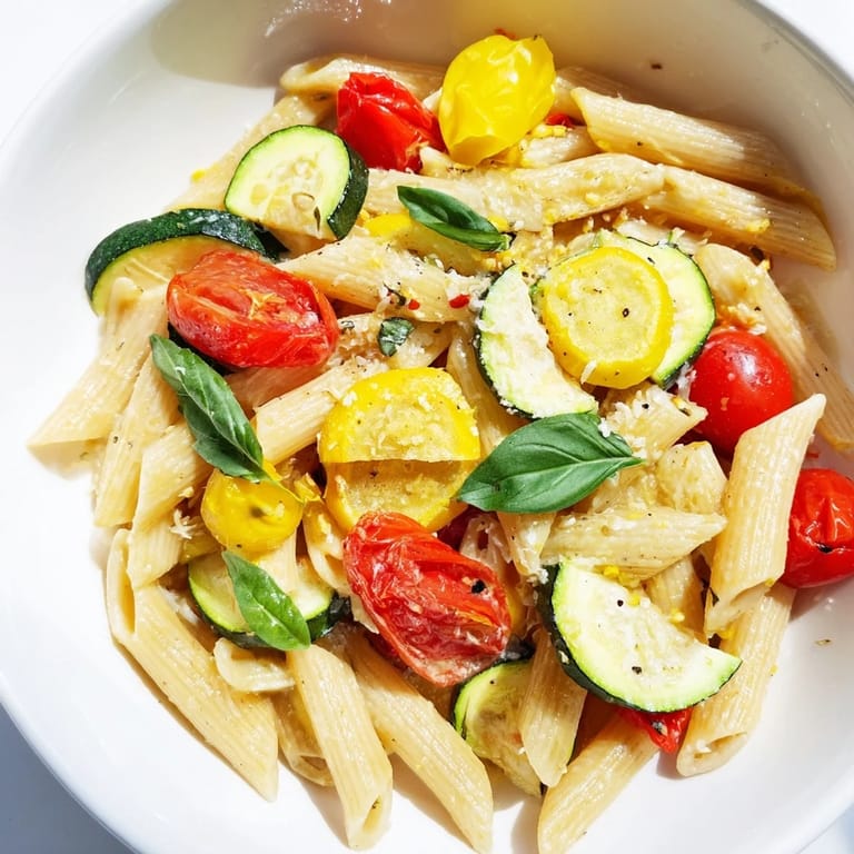 Colorful Garden Veggie Pasta on a sunny table, flecked with red pepper flakes and lemon zest.