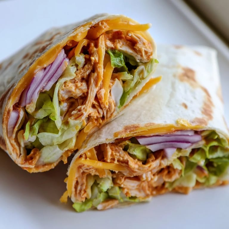 Hands assembling a Buffalo Ranch Chicken Wrap on a kitchen counter, spreading creamy ranch dressing over a large flour tortilla before adding the filling.