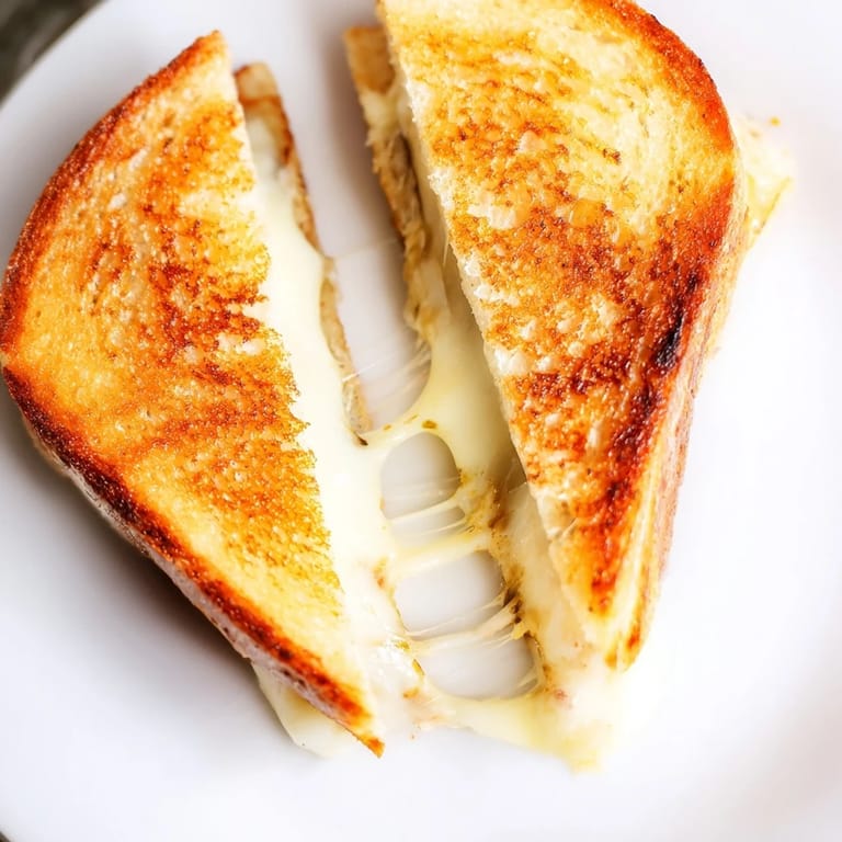 A perfectly grilled Three-Cheese Grilled Cheese sandwich shows a buttery crust, cut diagonally to reveal gooey layers.  
